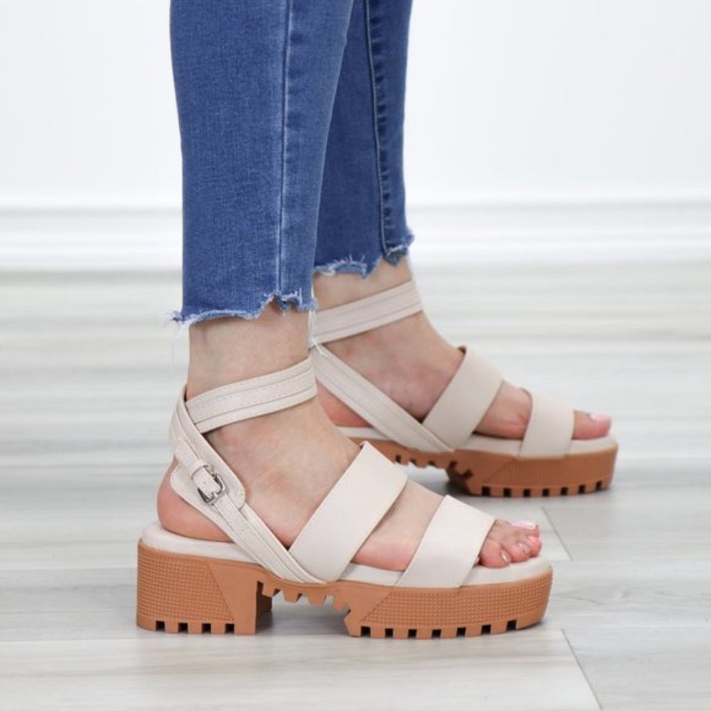 Nude Strappy Chunky Heel Sandal Faux Leather - Picture 8 of 12